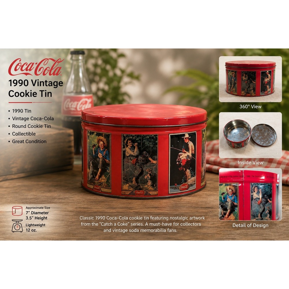 Vintage 1990 Coca-Cola Round Metal Tin Red Collectible Nostalgic Illustrations